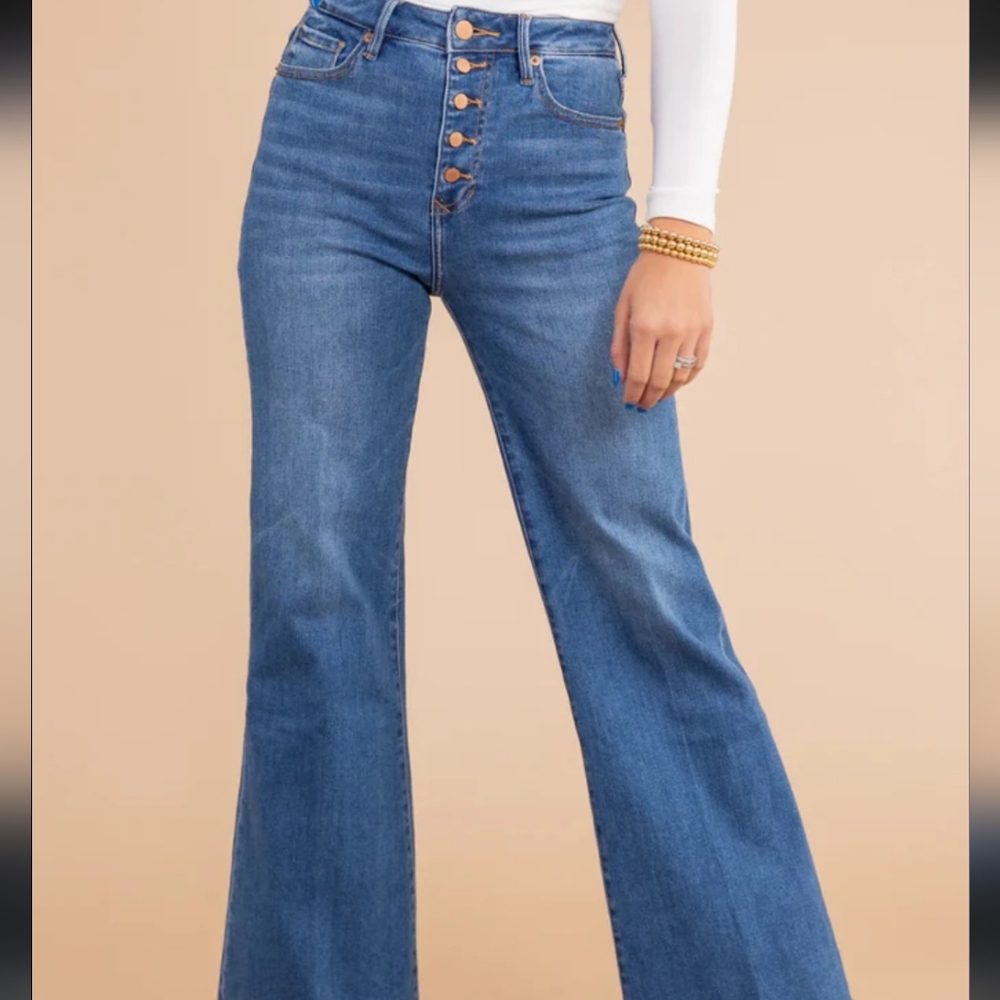 Dear John Medium Blue Button Fly Flare Raw Hem Jeans Size 25 (US Size 0)